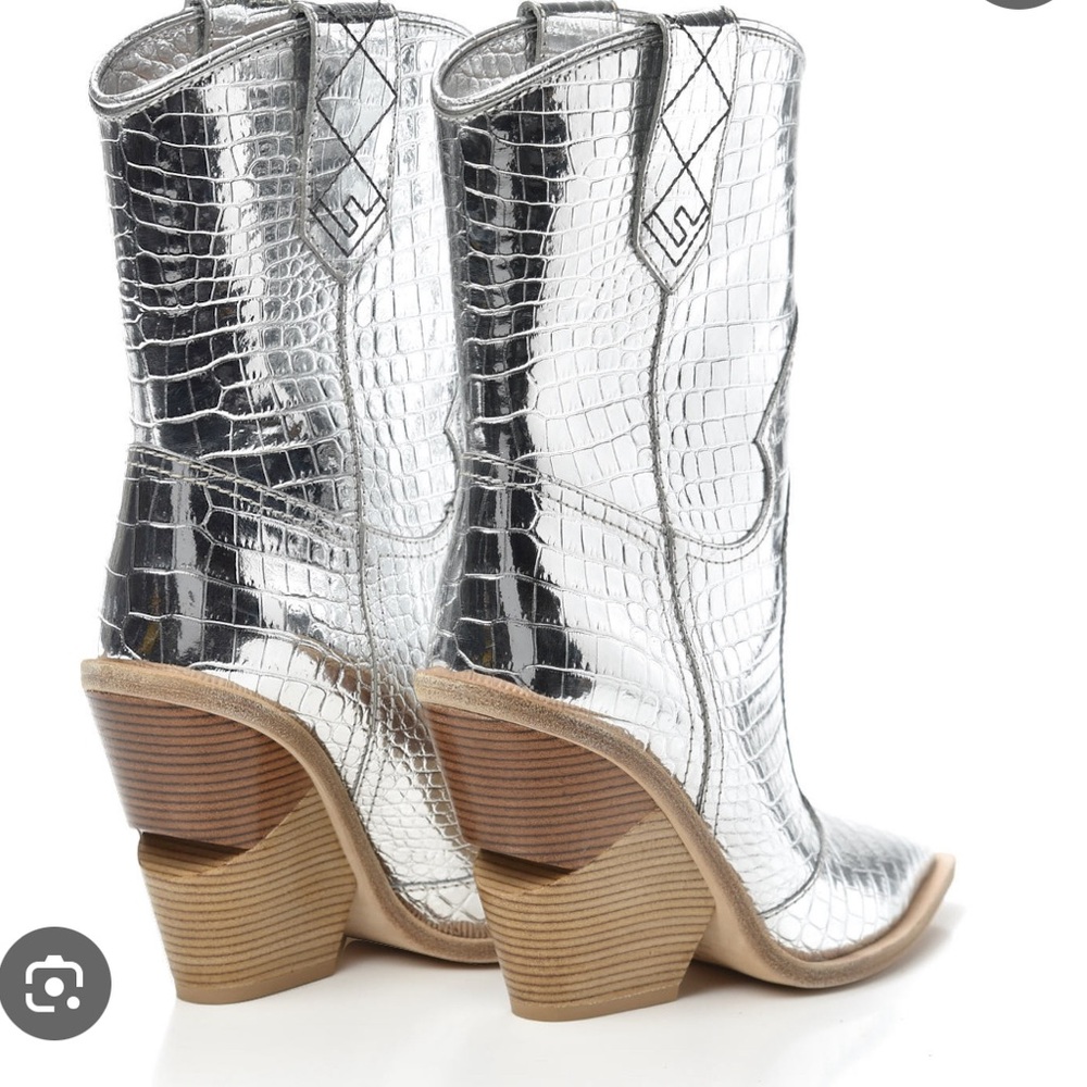 Authentic Fendi Runway Silver Metallic Croc Embossed Leather Cowboy Boots 37